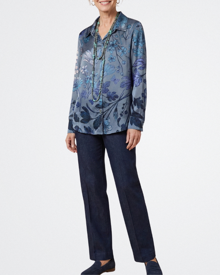 Isadora - Kék virágos Gombos Blúz