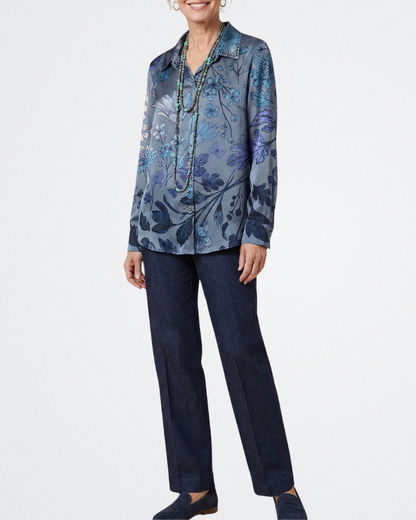 Isadora - Kék virágos Gombos Blúz
