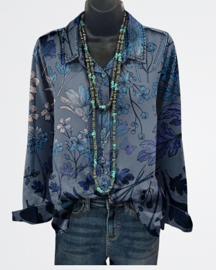 Isadora - Kék virágos Gombos Blúz