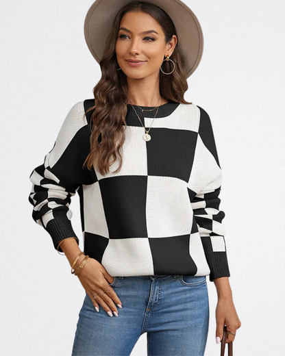 Noémi - Bézs Blokkmintás Pulóver