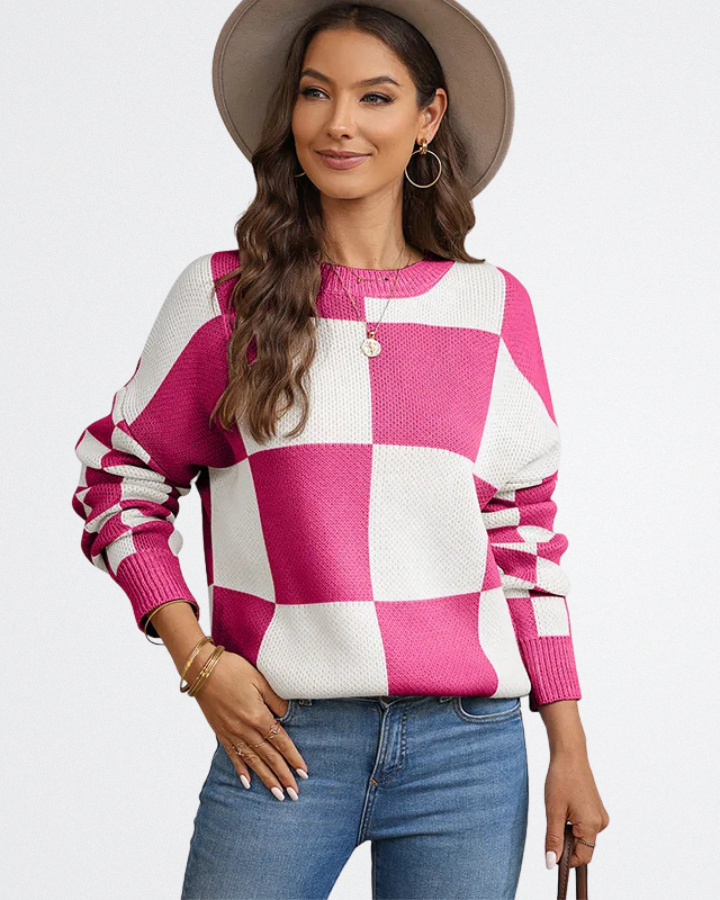 Noémi - Bézs Blokkmintás Pulóver