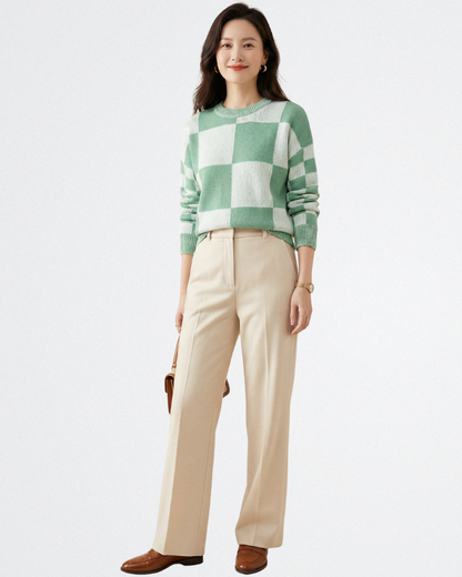 Noémi - Bézs Blokkmintás Pulóver